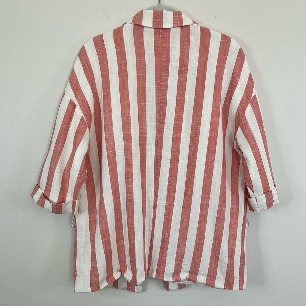 Pepaloves Pink White Stripe Linen Blend Open Front Blazer Jacket M - Picture 7 of 10